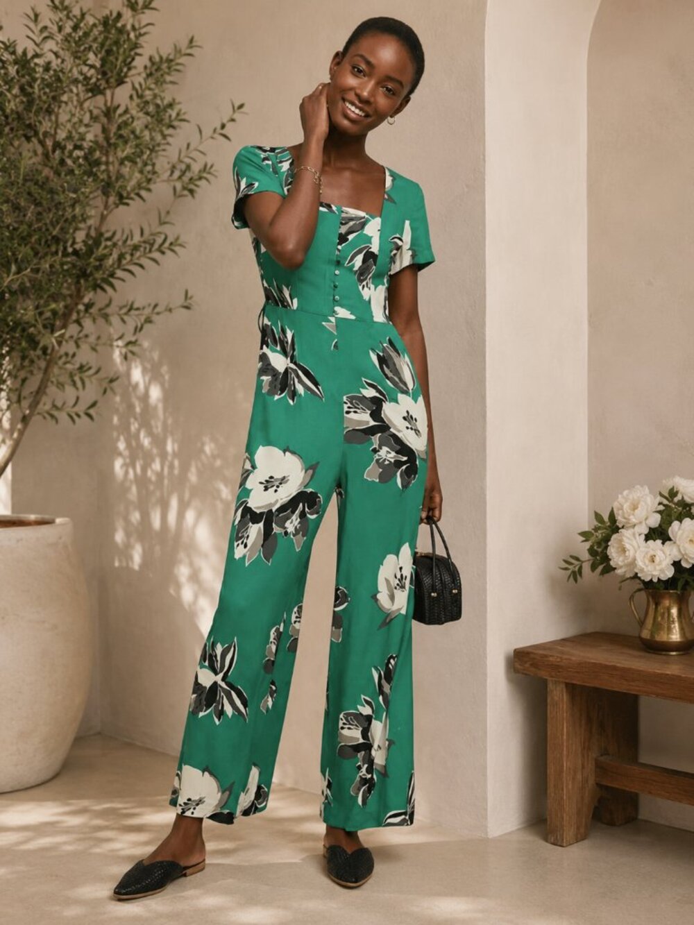 Anthropologie Maeve Floral Green Wide Leg Jumpsuit Sz. 8